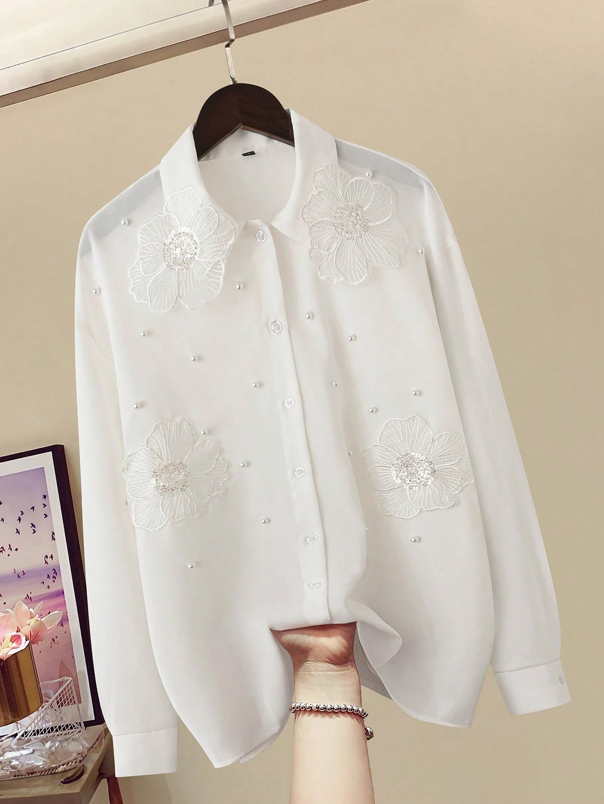 Women Front Button Floral Decor Long Sleeve Faux Pearl Decor Simple Blouse