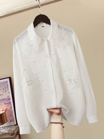 Women Front Button Floral Decor Long Sleeve Faux Pearl Decor Simple Blouse