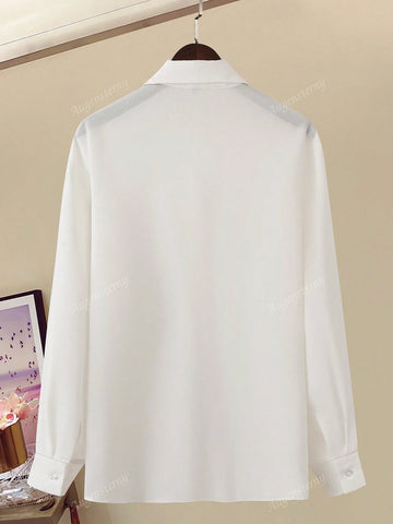 Women Front Button Floral Decor Long Sleeve Faux Pearl Decor Simple Blouse