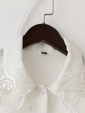 Women Front Button Floral Decor Long Sleeve Faux Pearl Decor Simple Blouse