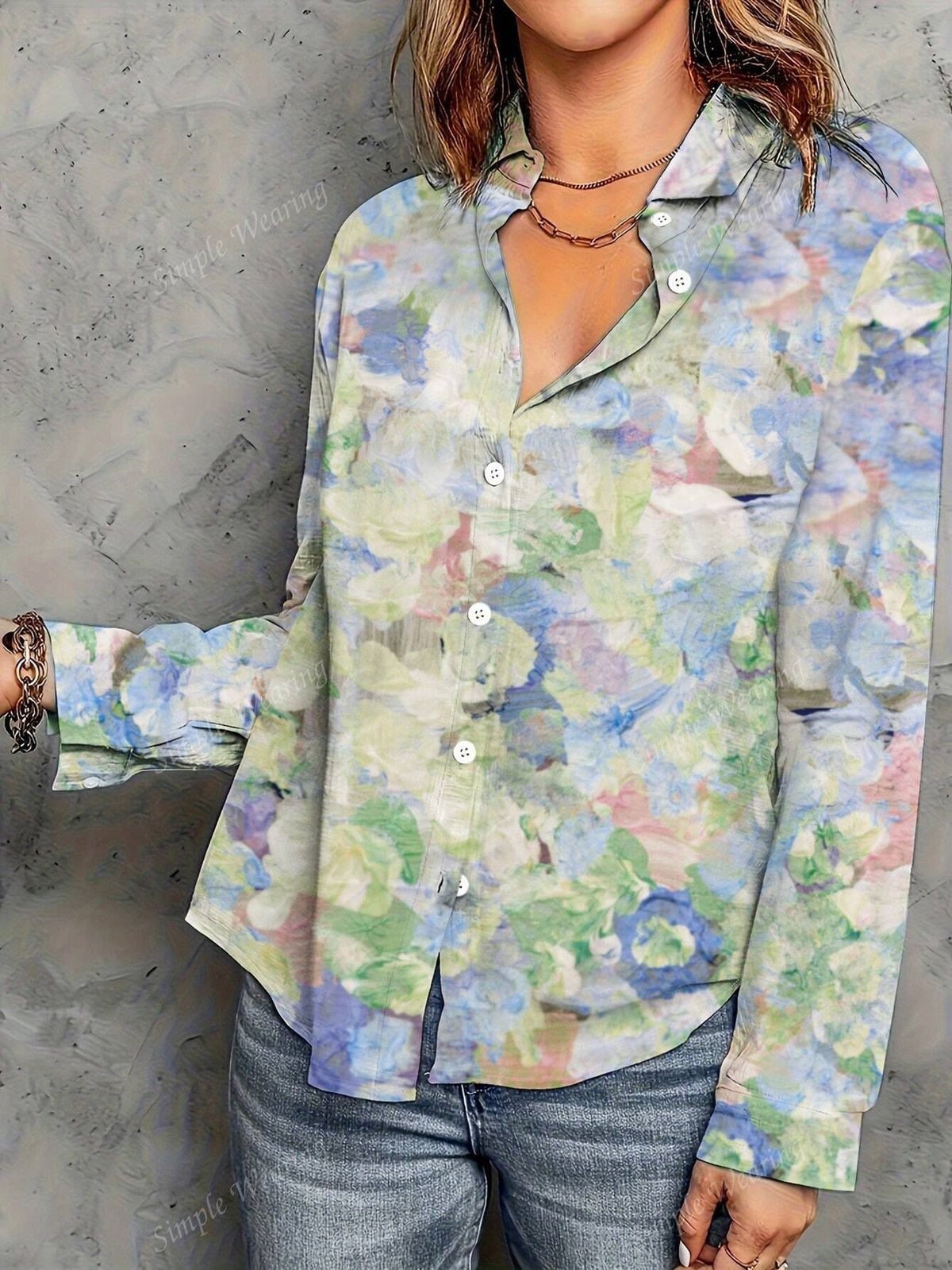 Women Front Button Long Sleeve Allover Print Casual Top, Everyday Wear