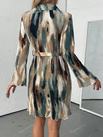 Women Front Button Long Sleeve Full Print Belted Long Dress