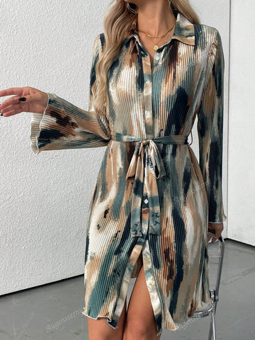 Women Front Button Long Sleeve Full Print Belted Long Dress