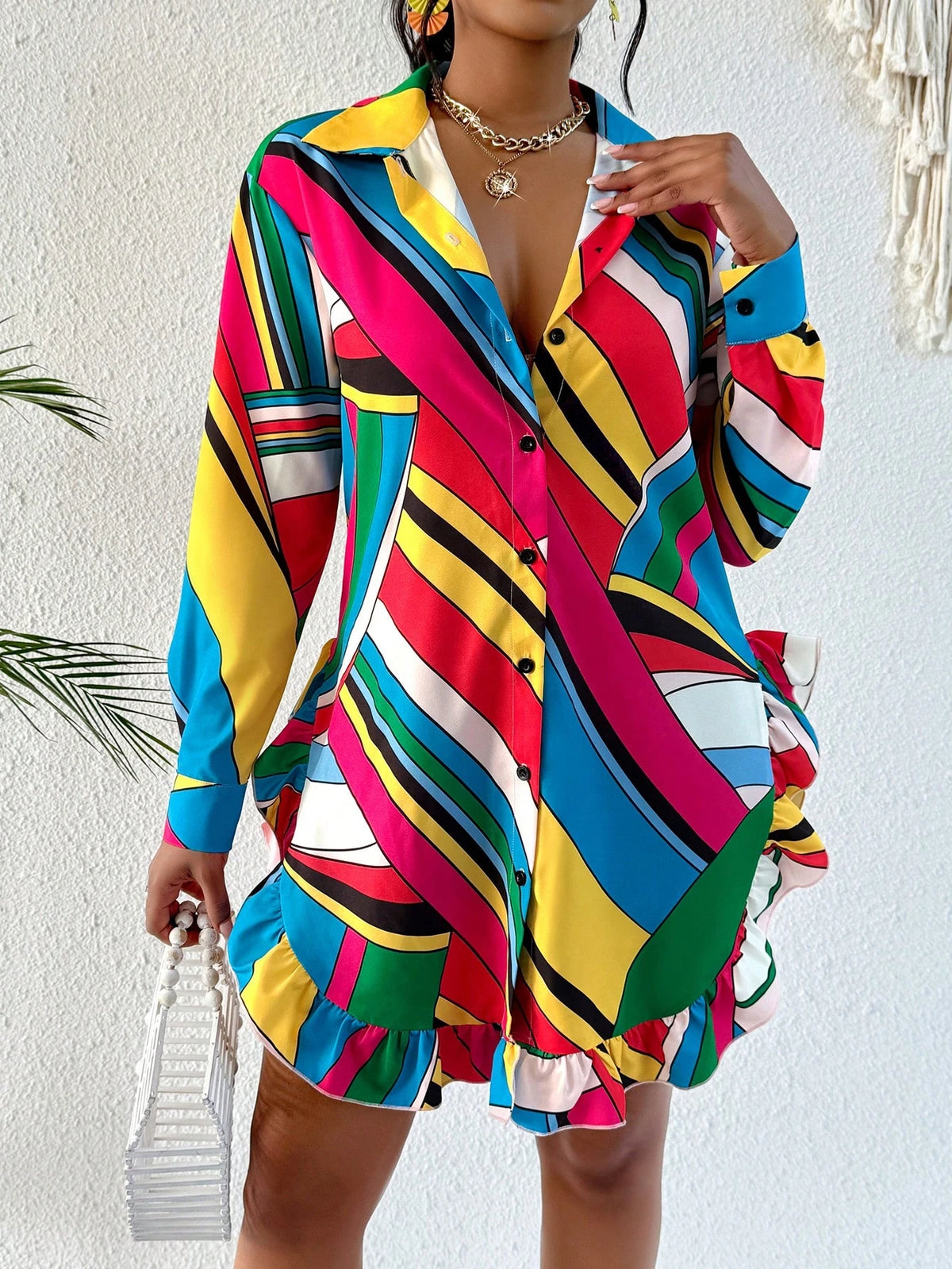 Women Front Button Long Sleeve Printed Casual Blouse, Random Print