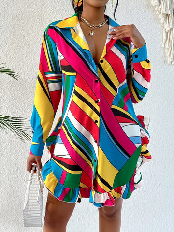 Women Front Button Long Sleeve Printed Casual Blouse, Random Print