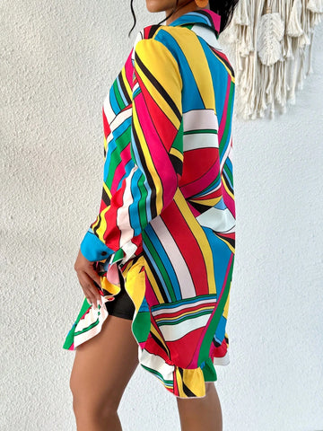 Women Front Button Long Sleeve Printed Casual Blouse, Random Print