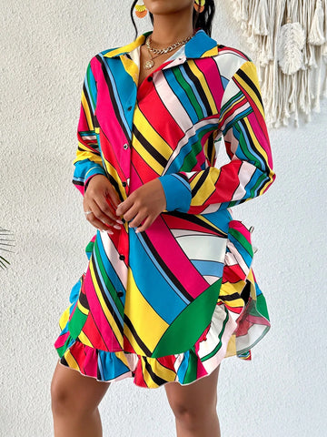 Women Front Button Long Sleeve Printed Casual Blouse, Random Print