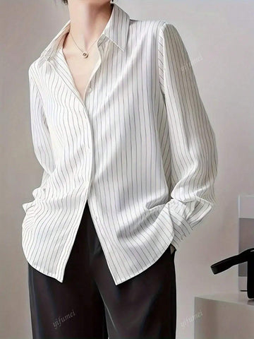 Women Front Button Long Sleeve Striped Minimalist Casual Blouse