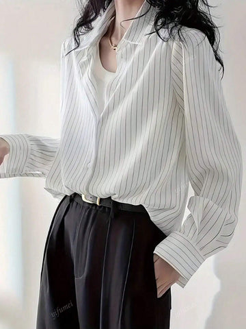 Women Front Button Long Sleeve Striped Minimalist Casual Blouse