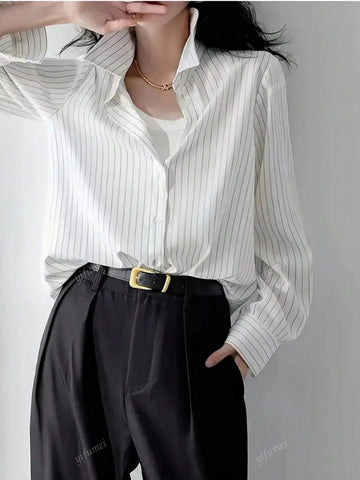 Women Front Button Long Sleeve Striped Minimalist Casual Blouse