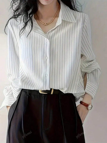 Women Front Button Long Sleeve Striped Minimalist Casual Blouse