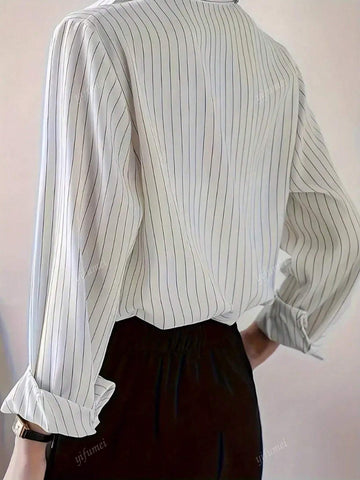 Women Front Button Long Sleeve Striped Minimalist Casual Blouse