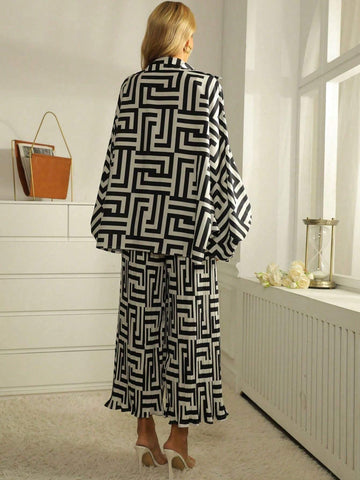 Women Geometric Print Bat Sleeve Shirt And Wide Leg Pants Casual Suit, Autumn