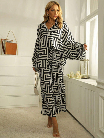Women Geometric Print Bat Sleeve Shirt And Wide Leg Pants Casual Suit, Autumn