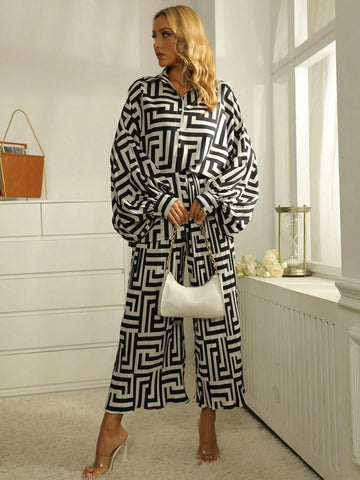 Women Geometric Print Bat Sleeve Shirt And Wide Leg Pants Casual Suit, Autumn