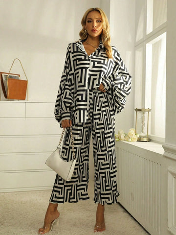 Women Geometric Print Bat Sleeve Shirt And Wide Leg Pants Casual Suit, Autumn