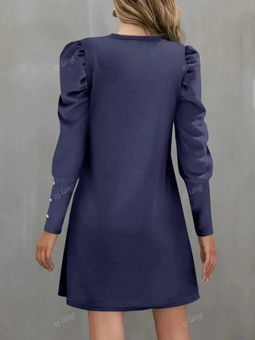 Women Gigot Sleeve Crew Neck Dress, Spring Summer