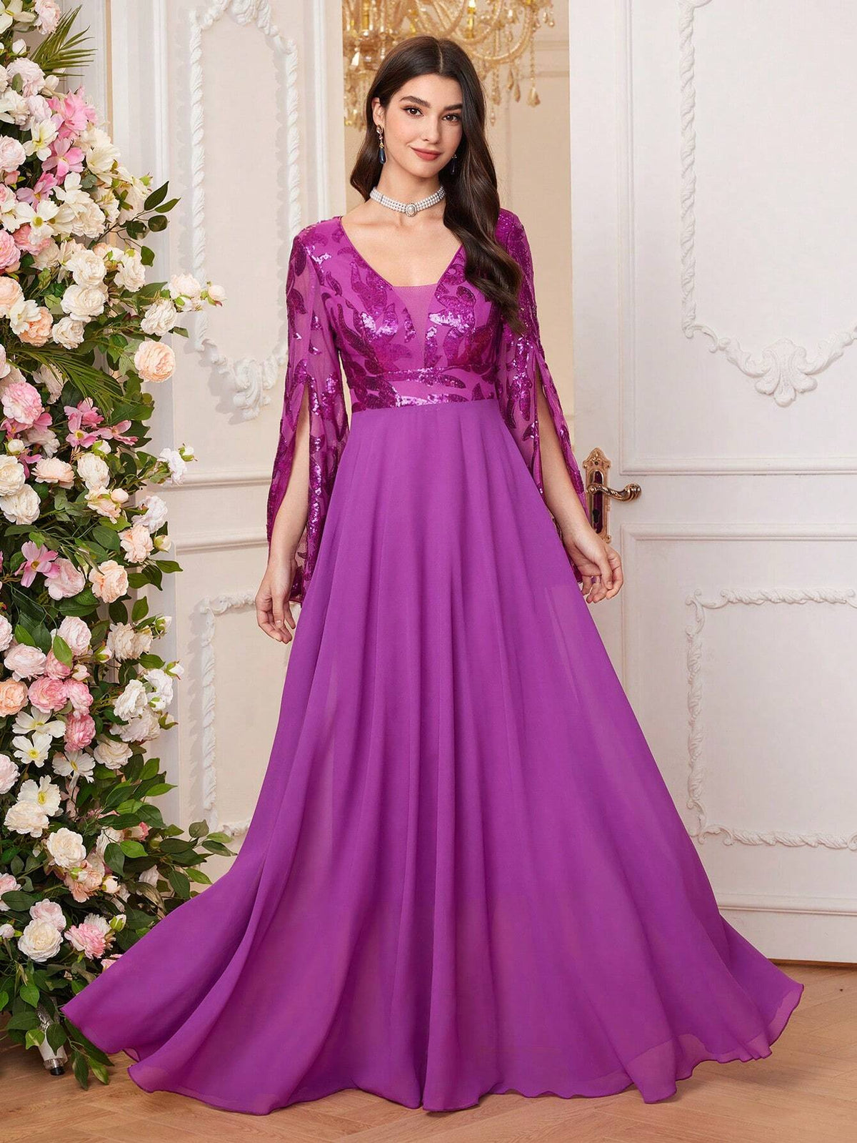 Women Glitter Patchwork High Waist Big Swing Long Party Prom Dress