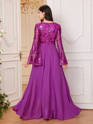 Women Glitter Patchwork High Waist Big Swing Long Party Prom Dress