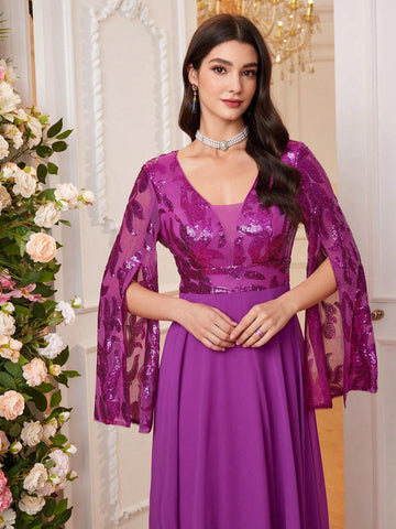 Women Glitter Patchwork High Waist Big Swing Long Party Prom Dress