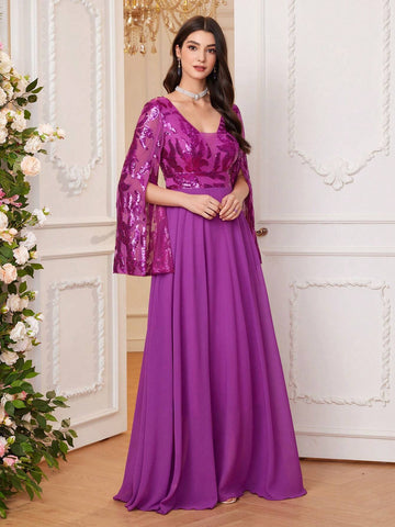 Women Glitter Patchwork High Waist Big Swing Long Party Prom Dress