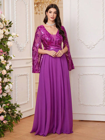 Women Glitter Patchwork High Waist Big Swing Long Party Prom Dress