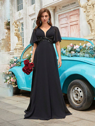 Women Glitter Patchwork Off Shoulder High Waist Floor-Length Formal Evening Dress