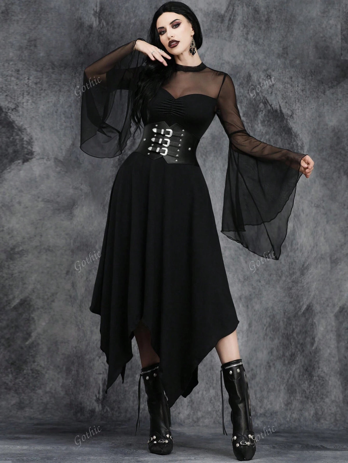 Women Gothic Dark Retro Sexy Irregular Perspective Halloween Party Tulle Collage Costume Magic Witch Dress