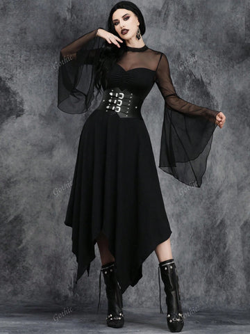 Women Gothic Dark Retro Sexy Irregular Perspective Halloween Party Tulle Collage Costume Magic Witch Dress