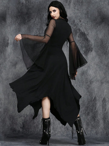 Women Gothic Dark Retro Sexy Irregular Perspective Halloween Party Tulle Collage Costume Magic Witch Dress