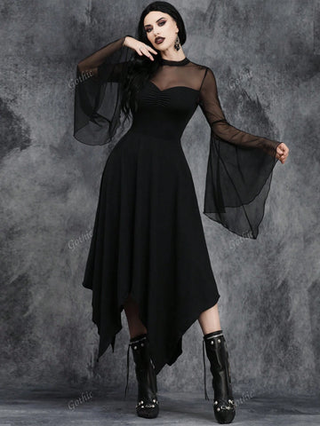Women Gothic Dark Retro Sexy Irregular Perspective Halloween Party Tulle Collage Costume Magic Witch Dress