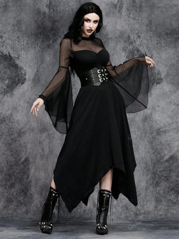 Women Gothic Dark Retro Sexy Irregular Perspective Halloween Party Tulle Collage Costume Magic Witch Dress