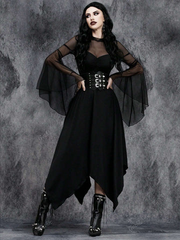 Women Gothic Dark Retro Sexy Irregular Perspective Halloween Party Tulle Collage Costume Magic Witch Dress