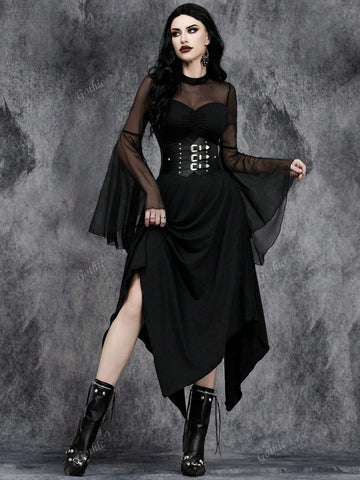 Women Gothic Dark Retro Sexy Irregular Perspective Halloween Party Tulle Collage Costume Magic Witch Dress