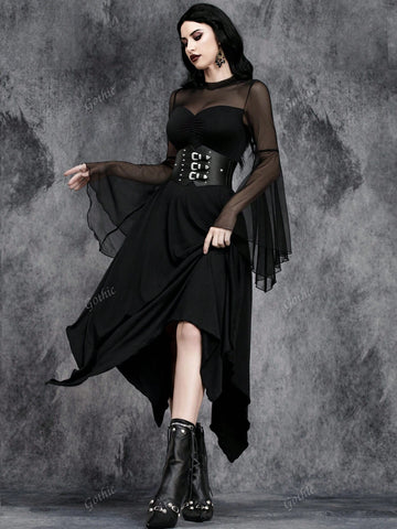 Women Gothic Dark Retro Sexy Irregular Perspective Halloween Party Tulle Collage Costume Magic Witch Dress