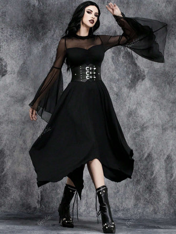Women Gothic Dark Retro Sexy Irregular Perspective Halloween Party Tulle Collage Costume Magic Witch Dress
