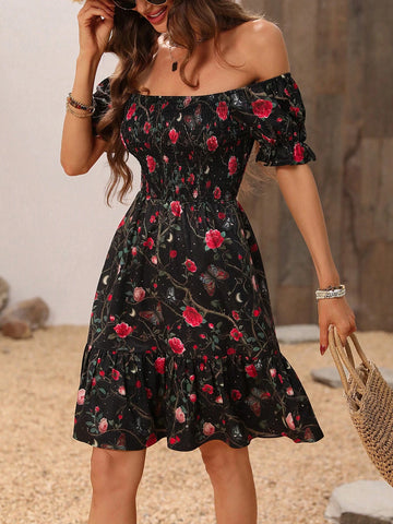 Women Gothic Magic Rose Print French Off Shoulder Dress