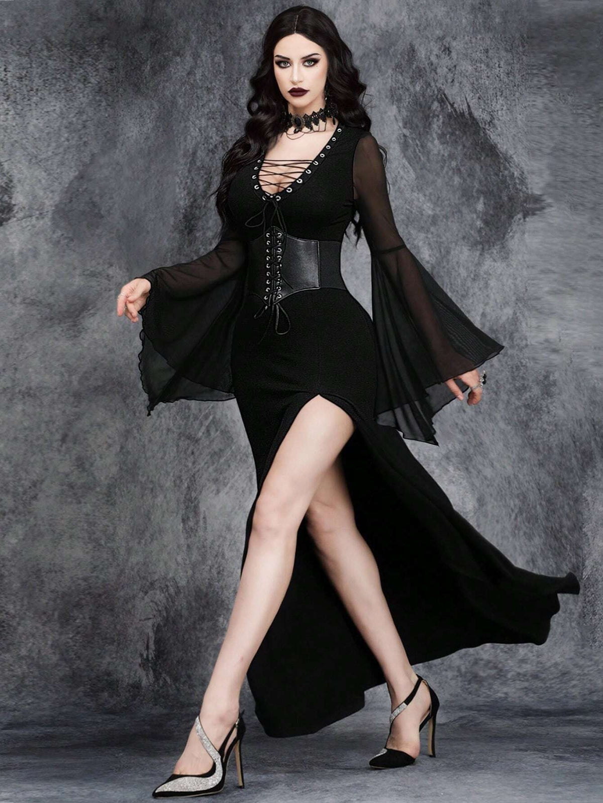 Women Gothic Sexy Metal Hollowing Halloween Party Patchwork Witch Dress