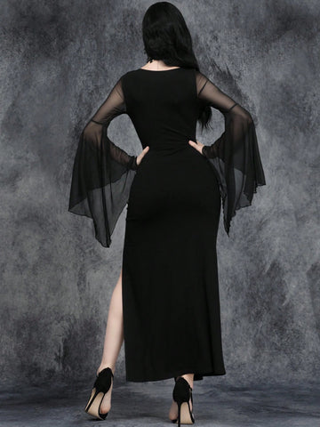 Women Gothic Sexy Metal Hollowing Halloween Party Patchwork Witch Dress