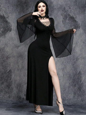 Women Gothic Sexy Metal Hollowing Halloween Party Patchwork Witch Dress