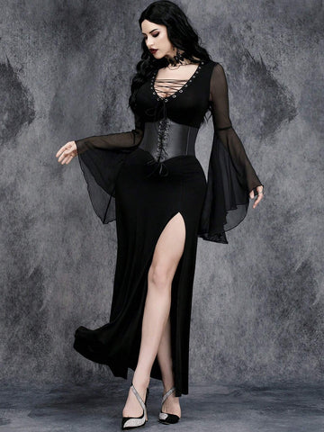 Women Gothic Sexy Metal Hollowing Halloween Party Patchwork Witch Dress