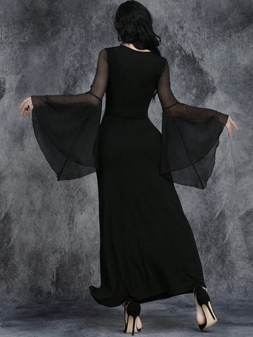 Women Gothic Sexy Metal Hollowing Halloween Party Patchwork Witch Dress