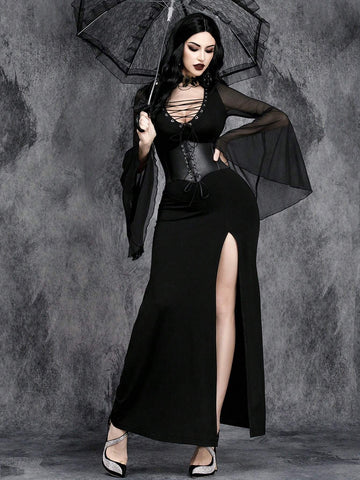 Women Gothic Sexy Metal Hollowing Halloween Party Patchwork Witch Dress