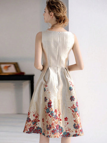 Women Graceful Sleeveless Party Dress With Heavy Jacquard