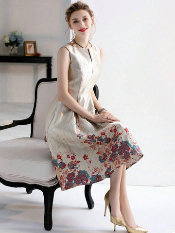 Women Graceful Sleeveless Party Dress With Heavy Jacquard