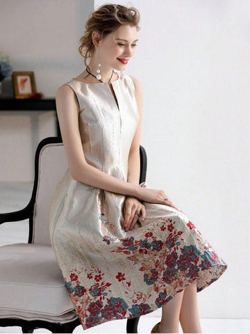 Women Graceful Sleeveless Party Dress With Heavy Jacquard