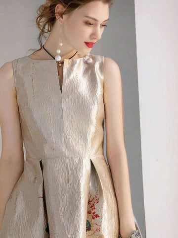 Women Graceful Sleeveless Party Dress With Heavy Jacquard