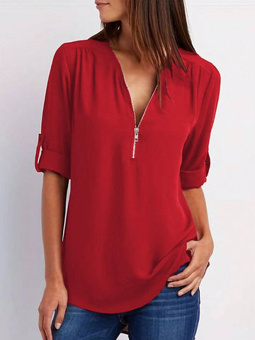 Women Half-Open Collar Long Sleeve Casual Shirt