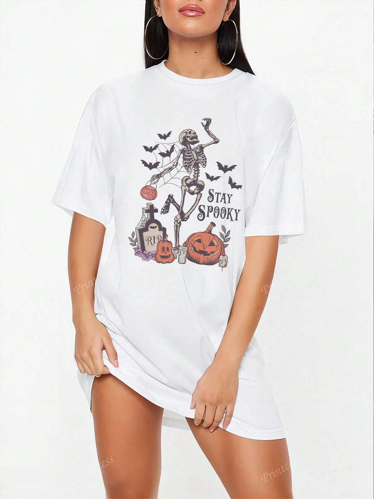 Women Halloween Series Skeleton Print T-Shirt Dress, New Summer Casual Loose Short Sleeve Crew Neck Dress