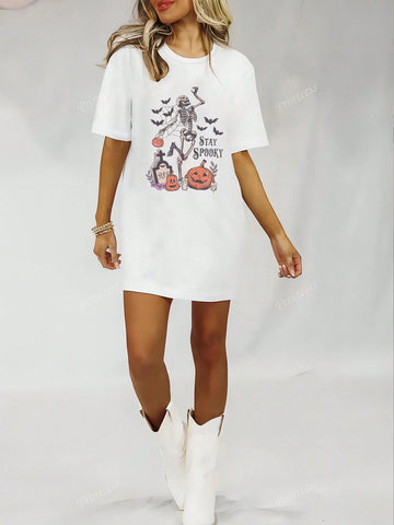 Women Halloween Series Skeleton Print T-Shirt Dress, New Summer Casual Loose Short Sleeve Crew Neck Dress